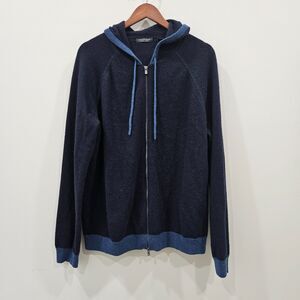 Saks Fifth Avenue Mens Cashmere Zip Up Sweater Size XL Blue Hooded Quiet Luxury